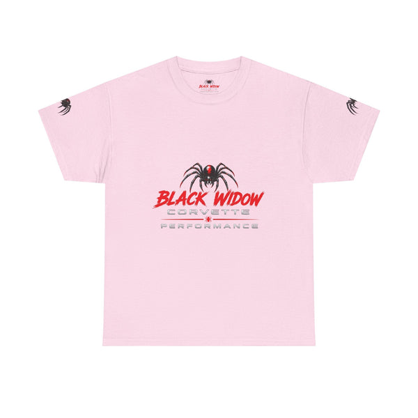 Black Widow Corvette performance graphic tee with vintage racing design and detailed size guide table