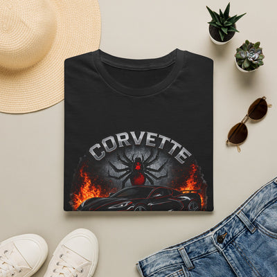 Corvette Black Widow Tee — Muscle Car Graphic T‑Shirt with Spider & Flames