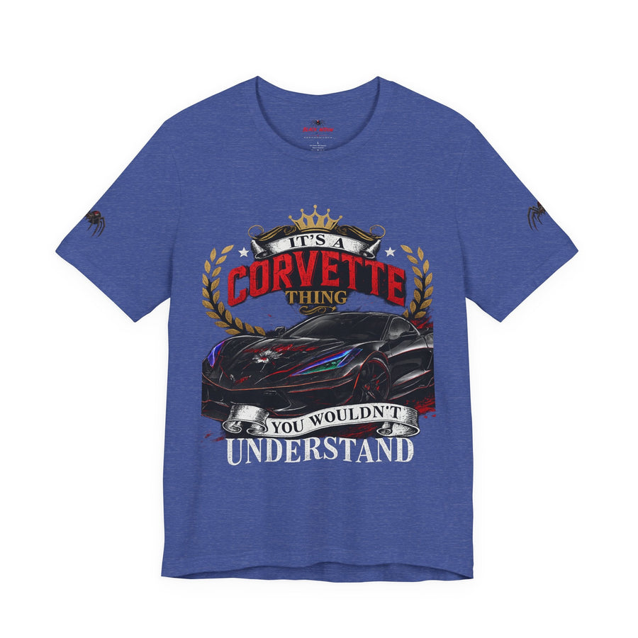 Black Widow Corvette C8 Tee lightweight crew neck with snarling Corvette graphic and "Unleash the Power" text