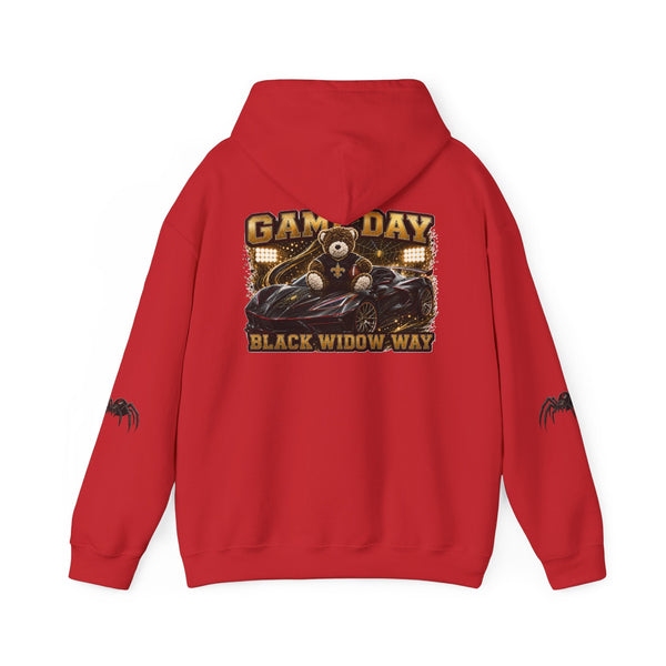 Black Widow Performance Hoodie with Game Day racing graphics and spider accents on sleeves