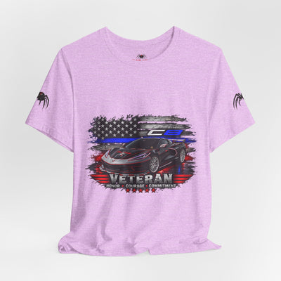 Black Veteran Corvette C8 Tee with Black Widow Performance graphic on black cotton shirt
