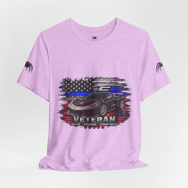 Black Veteran Corvette C8 Tee with Black Widow Performance graphic on black cotton shirt