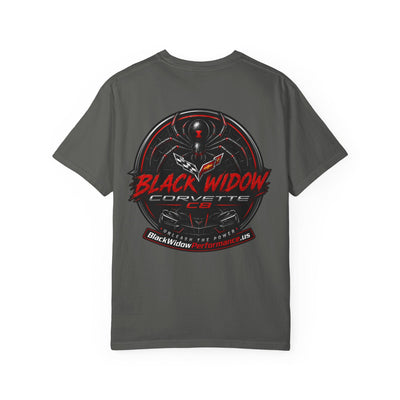 Black Widow Corvette C8 Dad T-shirt in black, featuring a sleek car silhouette and soft garment-dyed cotton for Father's Day.
