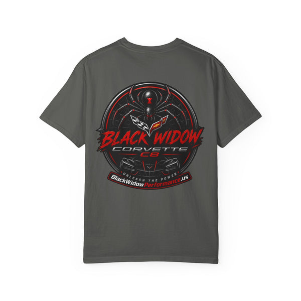 Black Widow Corvette C8 Dad T-shirt in black, featuring a sleek car silhouette and soft garment-dyed cotton for Father's Day.