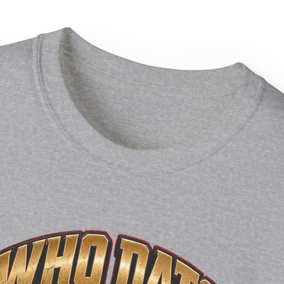 Black heavyweight Who Dat? racing graphic tee with low racing silhouette and black widow emblem on back