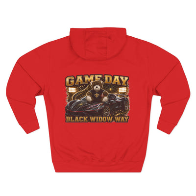 Black Widow Performance Hoodie medium-heavy fleece pullover with adjustable hood and kangaroo pocket for motorsport fans