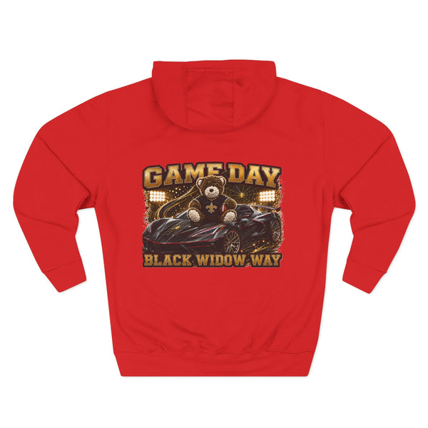 Black Widow Performance Hoodie medium-heavy fleece pullover with adjustable hood and kangaroo pocket for motorsport fans