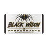 Black Widow Performance Vanity Plate metallic license plate with spider logo and brushed silver backing