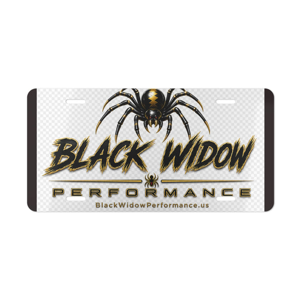 Black Widow Performance Vanity Plate metallic license plate with spider logo and brushed silver backing