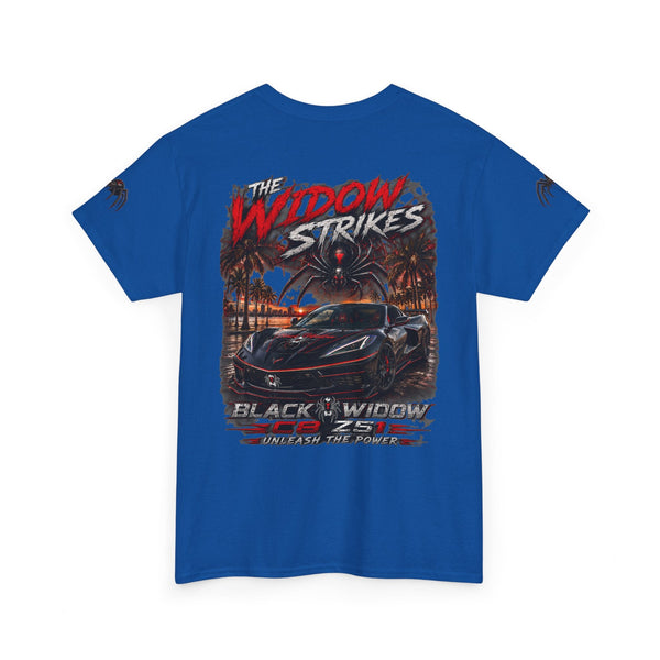 Black Widow Corvette vintage performance tee with emblem logo and cinematic race scene design