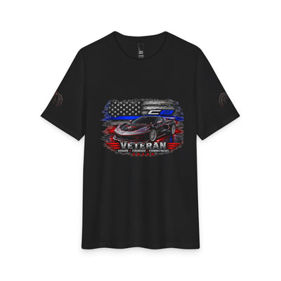 Black Widow Corvette Tee with American flag silhouette on black tri-blend fabric