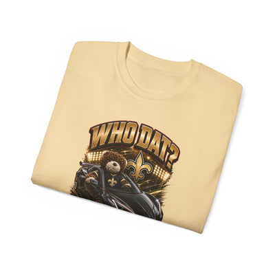 Black heavyweight Who Dat? Black Widow racing graphic tee with vintage cotton fabric and bold chest design