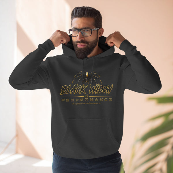 Black Widow Performance Hoodie medium-heavy fleece pullover with adjustable hood and kangaroo pocket featuring spider logo and Game Day racing graphics
