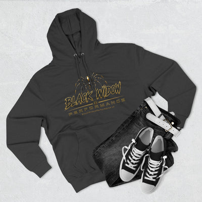 Black Widow Performance Hoodie with spider logo, kangaroo pocket, and adjustable hood in black fleece pullover design