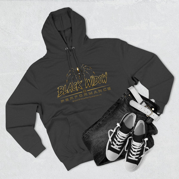 Black Widow Performance Hoodie with spider logo, kangaroo pocket, and adjustable hood in black fleece pullover design