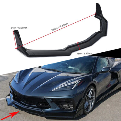 Black Widow Corvette C8, Car Front Bumper Lip Spoiler Splitter For Chevrolet Corvette C8 2 Door Z51 Stingray STG 3 2020-2024 Glossy Black Carbon Look