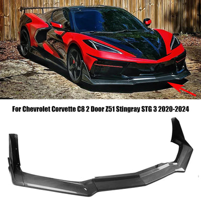 Black Widow Corvette C8, Car Front Bumper Lip Spoiler Splitter For Chevrolet Corvette C8 2 Door Z51 Stingray STG 3 2020-2024 Glossy Black Carbon Look
