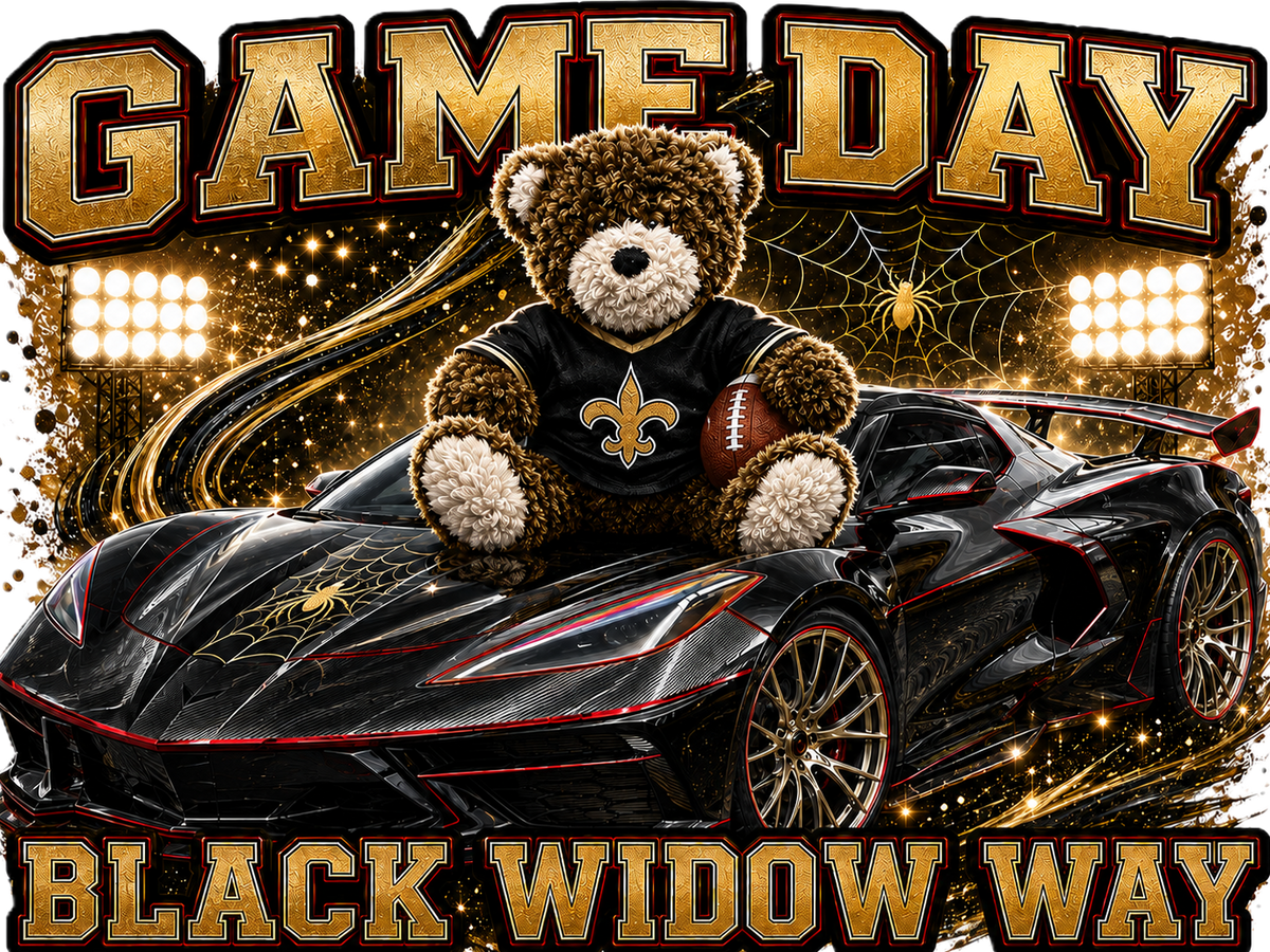 A graphic design featuring a brown teddy bear wearing a black New Orleans Saints jersey, sitting on a black sports car with gold accents. The design includes the text 'GAME DAY' at the top and 'BLACK WIDOW WAY' at the bottom, set against a dark background with gold glitter, stadium lights, and spiderwebs.